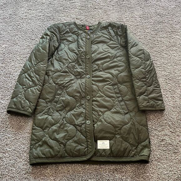 Alpha Industries Long Quilted Liner Jacket Dark Green Military Style Coat Small - Picture 1 of 8